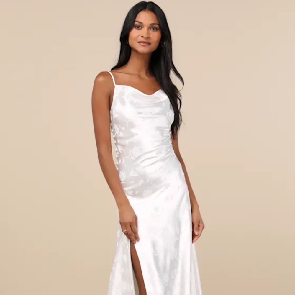 Lulus All About You White Floral Jacquard Satin Midi Dress